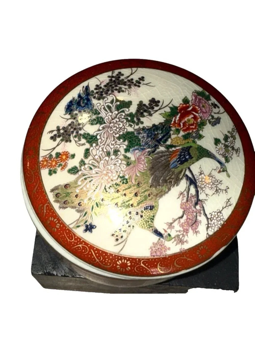 Vintage Satsuma Japanese Peacock Jewelry Box 3.75